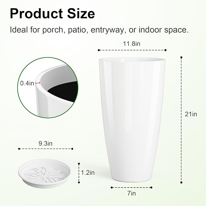 QCQHDU 21 inch Tall Planters for Outdoor & Indoor Plants, Set of 2 Large Outdoor Planters with Drainage Hole for Front Porch, Patio, Garden, White