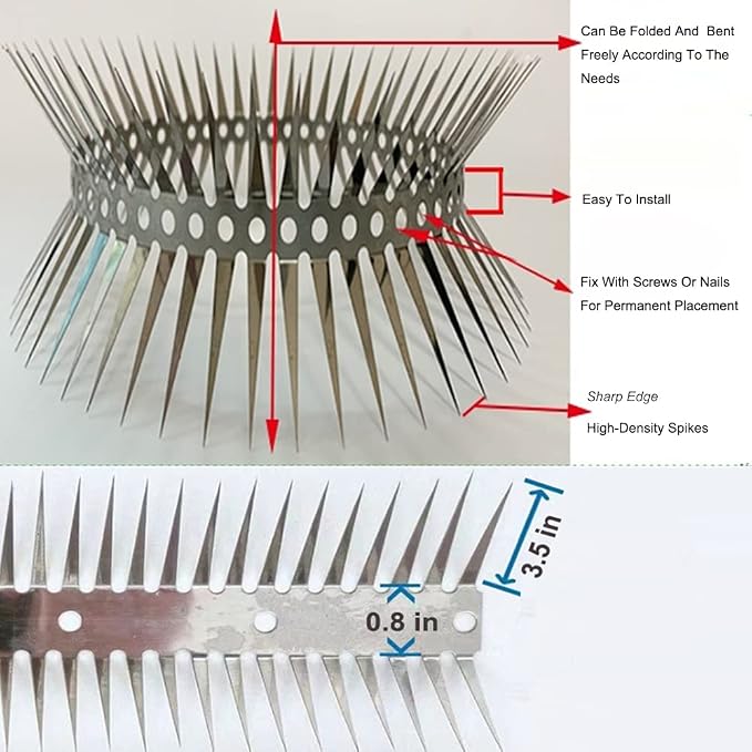 Animal Repeller Defender, Stainless Steel Sharp Blade Spikes Scarer Device,Deterrent Strips Fence for Pipes Acces and Climb (49.2 Feet)