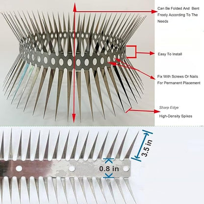 Animal Repeller Defender, Stainless Steel Sharp Blade Spikes Scarer Device,Deterrent Strips Fence for Pipes Acces and Climb (49.2 Feet)