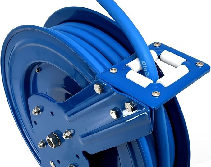 BLUBIRD BBRHD3850 18ga. Retractable Hose Reel with 3/8" X 50' Air Hose, 12 Point Ratcheting Gear, Next-Gen Rubber, Lightest, Strongest, Most Flexible, 300 PSI, -50F to 190F Degrees, Polyester Braided