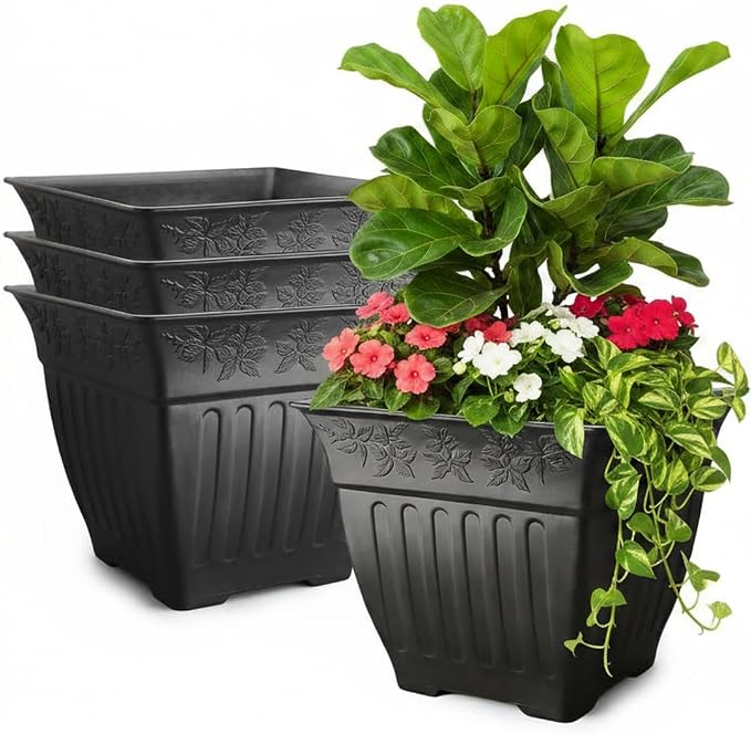BTPLASTIK 18 inch Large Square Planter for Plants - 4 Pack Decorative Black Plastic Flower Pots with Drainage Holes & Raised Base, 14 Gallon Vintage Garden Pot for Outdoor, Patio, Porch (15" Tall)