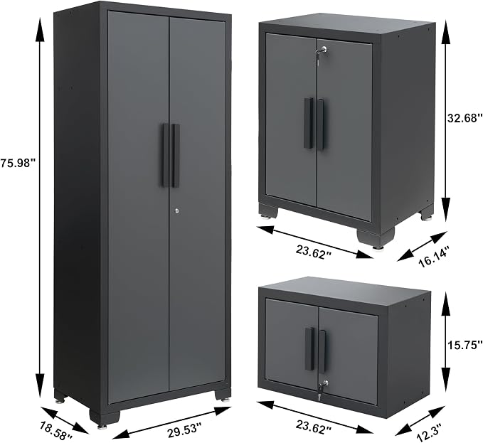 Torin 12 Piece Garage Storage Cabinet System，Workshop Cabinet Set in Black | Included Workshop Tool Organizer Chest with Lockers, Shelves and Wood Workbench, Black/Grey