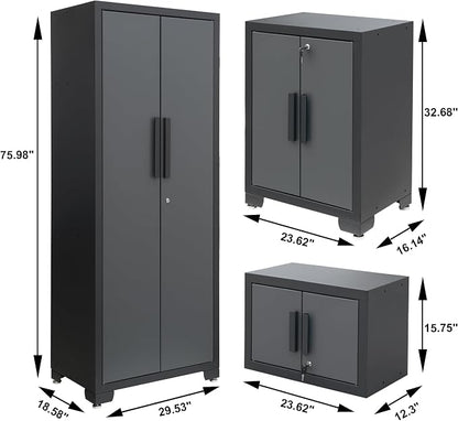 Torin 12 Piece Garage Storage Cabinet System，Workshop Cabinet Set in Black | Included Workshop Tool Organizer Chest with Lockers, Shelves and Wood Workbench, Black/Grey