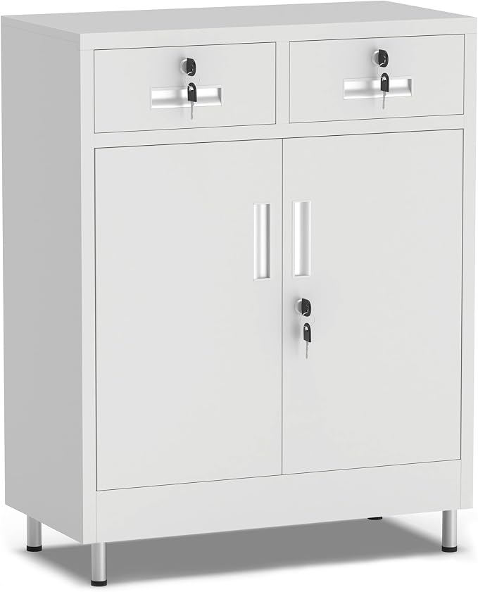 JINGUR Metal Storage Cabinet with Locking Doors and 2 Drawers, Lockable Storage Cabinet with Adjustable Shelf for Home Office Garage Entryway Pantry (White)