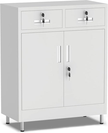 JINGUR Metal Storage Cabinet with Locking Doors and 2 Drawers, Lockable Storage Cabinet with Adjustable Shelf for Home Office Garage Entryway Pantry (White)
