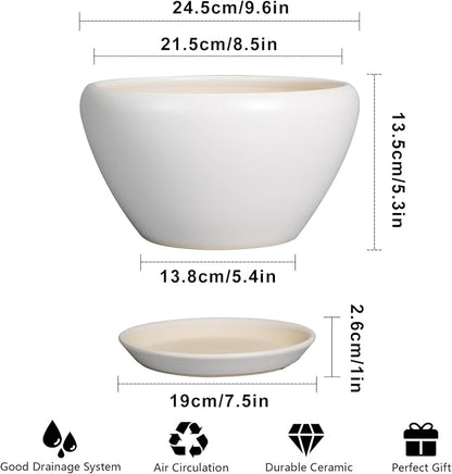 Ceramicfor Ceramic Planter - 9 Inch Plant Pot Indoor with Drainage Hole and Saucer for Outdoor Plants Mid-Century Round Planter Modern Flower Pot for House Garden White