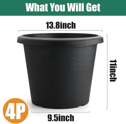 4 Pack 14 Inch Plastic Planter Pots with Drainage Holes - Heavy Duty 20L Capacity Large Outdoor Planters for Planting Medium Large Plants, Raised Base, Cement Textured Garden Container Flower Pots