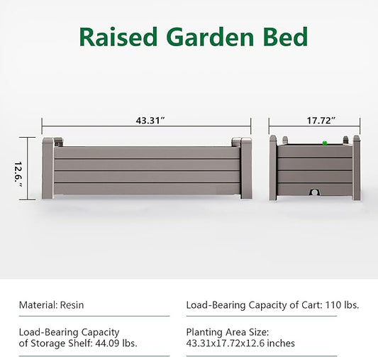 Vixzen Raised Garden Bed Outdoor,Resin Weatherproof Planter Box with Drain Hole and Water Level Detector,for Planting Plants Vegetables (Grey, 43.31"×17.72"×12.6")