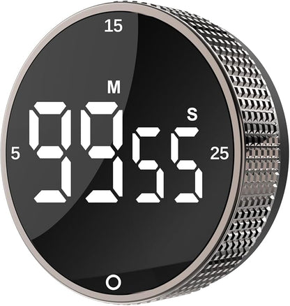 Digital Kitchen Timer - Magnetic Countdown Count Up Clock with Large LED Display, 5/15/25 Min Presets, 3 Volume Levels, Rotary Dial for Cooking, Productivity, Classroom, Fitness (1, Tarnish)
