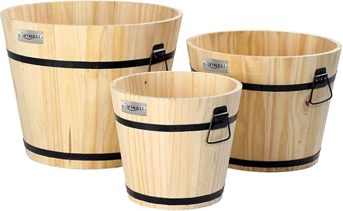 VINGLI 3 PCS Large Wooden Planter Barrel Set, 11.5"(Dia)- 18"(Dia), Real Wood Flower Pot with Drainage Holes, Different Sizes, Large Garden Container Box, Indoor & Outdoor (Honey)