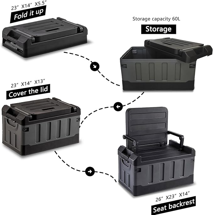 Versatile Foldable Seatable Camping Box Car Organizer Heavy Duty Storage Bins With Lids Box Trunk,Durable Plastic,60L Can Store Clothes, Camping Equipment in Large Capacit (black)