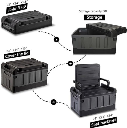 Versatile Foldable Seatable Camping Box Car Organizer Heavy Duty Storage Bins With Lids Box Trunk Chuck, Durable Plastic, 60L Can Store Camping Equipment in Large Capacit(black grey)