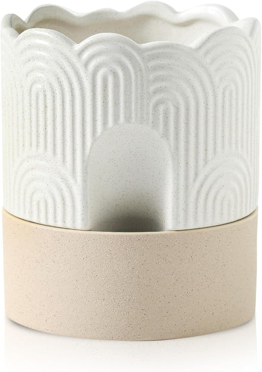 Nihow Ceramic Self Watering Pots for Indoor Plants, 6 Inch,Beige | Visible Water Level Fill Port,Planter with Cotton Wick,Water Storage Plus, Cylinder Round Flower Pot, Succulent/Herbs/Violets