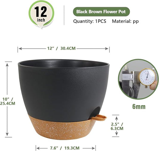 Meowell 12 inch Large Self Watering Pots, Plant Pots with Mesh Drainage Holes for Indoor Outdoor Plants, Plastic Planters with Deep Reservoir for Garden House Flower Plants, Black with Brown