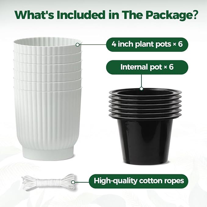 T4U 4 Inch Plant Pots Self Watering, 6 Pack African Violet Pots, Small Plant Pots for Plants, Small Indoor Plant Pot, Self Watering Planter for African Violet, Succulents (6 Pack, 4", White)