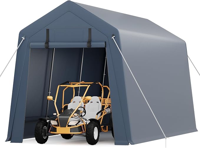 7x15 ft Outdoor Storage Shed, Portable Carport with Roll-up Ventilated Zipper Door and Windows, Heavy Duty Waterproof Tarp, Storage Sheds for Motorcycle, Bike, Firewood, Garden Tools
