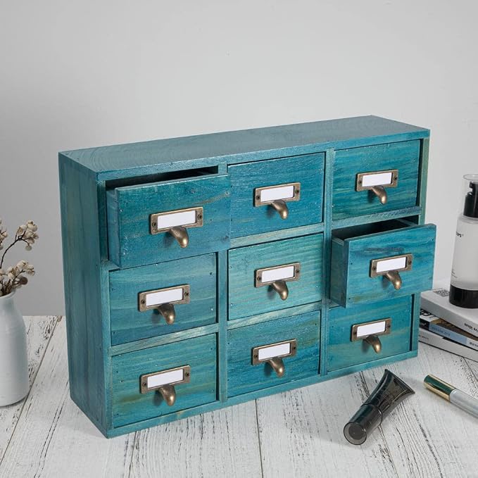 Apothecary Drawers Apothecary Cabinet with Drawers, Blue | 9 Drawer Library Card Catalog, Wooden Storage Box, Wooden Desktop Organizer with Metal Handles-Fulled Assembled