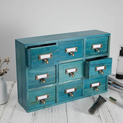 Apothecary Drawers Apothecary Cabinet with Drawers, Blue | 9 Drawer Library Card Catalog, Wooden Storage Box, Wooden Desktop Organizer with Metal Handles-Fulled Assembled