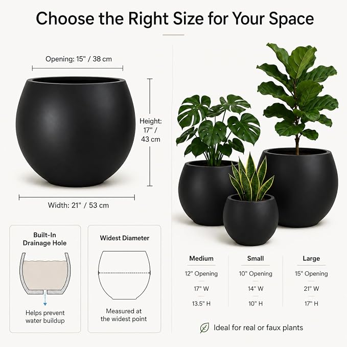 17" H x 21" Dia Black Fiberstone Planter Pot with Drainage Hole, Extra Large Indoor Outdoor Flower Pot for Artificial Olive Trees, Large Plants & Shrubs, Decorative Planter for Patio, Porch & Garden