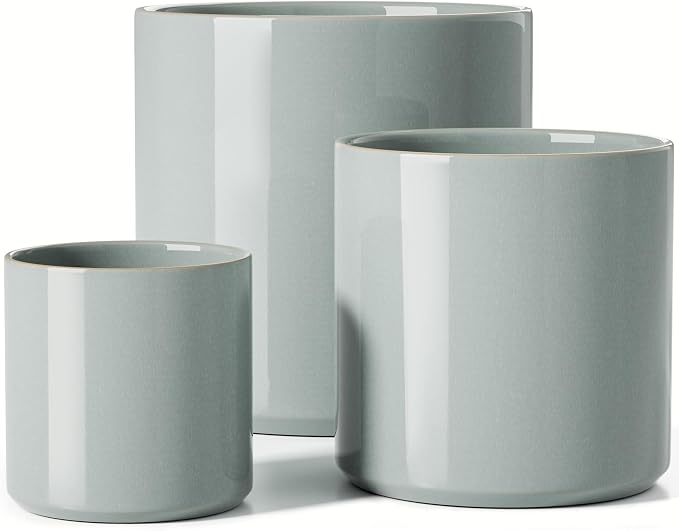 LE TAUCI 10+8+6 Inch Ceramic Pots for Plants, Indoor Planters with Drainage Hole and Plug, Modern Cylinder Flower Pots Set of 3 for Living Room and Bedroom, Glossy, Mist Gray