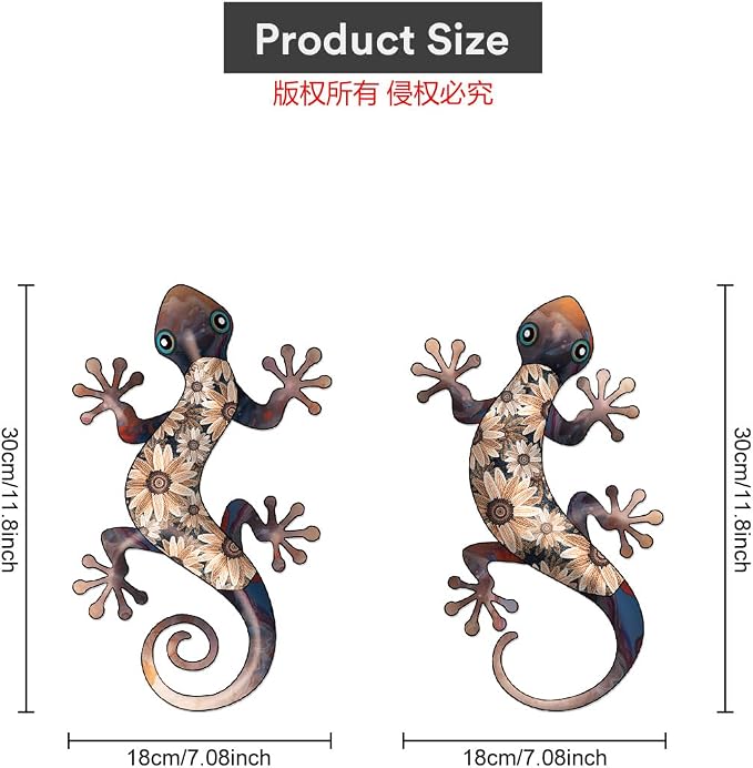 Metal Gecko Wall Art Decor -11.8 inch Black Metal Gecko Wall Hanging Sculpture Decorations for Indoor or Outdoor, Garden Yard Fence Porch Exterior Wall Decor (Set of 2)