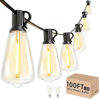 Svater Outdoor String Lights 100 FT, Outside Patio Light with 52 Bulbs | Waterproof Lighting, Shatterproof ST38 Vintage Edison LED Bulb, Connectable For Backyard Porch Balcony, Warm White Dimmable