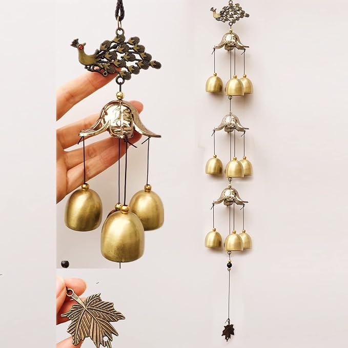 Auspicious Peacock with Energy Bead Wind Chimes Represents Lucky&Happy Life Copper Alloy 3 Layers+9 Bells for Outdoor Decorations Garden Yard Trees Or As A Good Gift