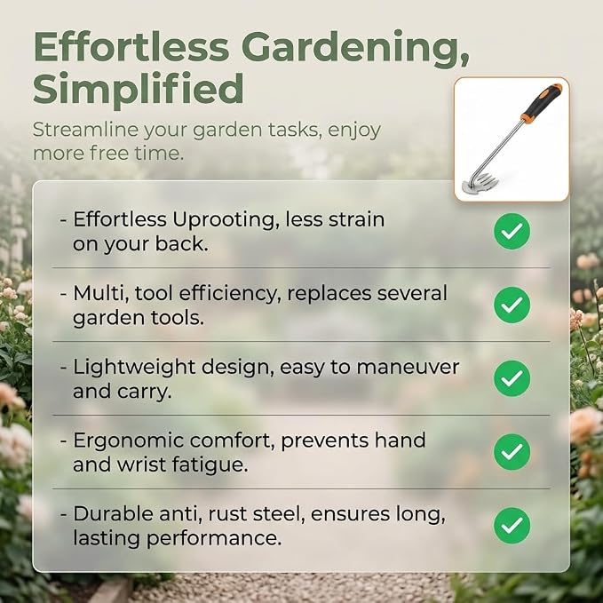 Premium Weed Puller Tool, 2-in-1 Garden Weeder Hand, Stainless Steel Gardening Accessories with 4 Sharp Teeth Remover, Weeding Supplies for Landscaping Essentials (Rubber Handle)