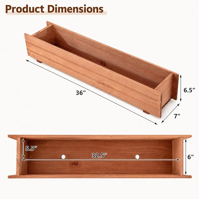 Giantex Raised Garden Bed, 36" x 7" x 6.5" Wooden Elevated Planter Box for Flower Vegetable Herb Garden, Window Mounted Plant Box for Planting Garden Backyard Patio
