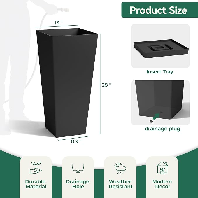 Worth Garden Large 28 in.Tall Planters Set of 2 for Indoor and Outdoor, Heavy Duty Plastic Black Modern Taper Flower Plant Pots with Drainage Hole and Dual-Purpose Tray for Front Porch, Patio
