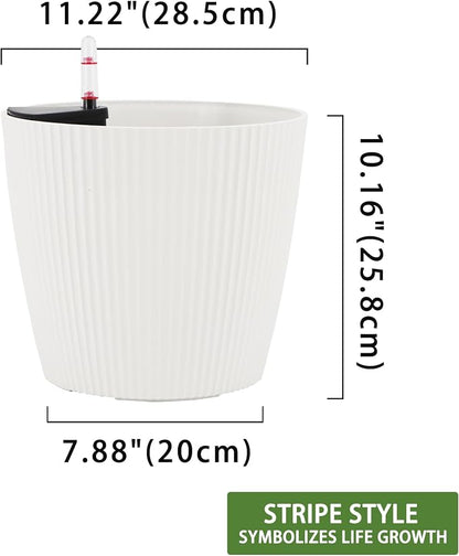 Dexceder 11x10 Self Watering Planters Indoor (2 Pack, White) | Inner Mat Design, Table Flower Plant Pot with Water Level Indicator