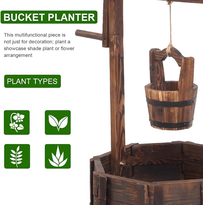 Wishing Well for Outside - Garden Wooden Decor Rustic Wishing Well Flower Pots, Height Adjustable Hanging Plant Pots with 2 Reinforced Rods for Patio Lawn Backyard Home Planters (Brown)