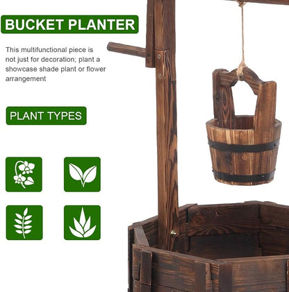 Wishing Well for Outside - Garden Wooden Decor Rustic Wishing Well Flower Pots, Height Adjustable Hanging Plant Pots with 2 Reinforced Rods for Patio Lawn Backyard Home Planters (Brown)