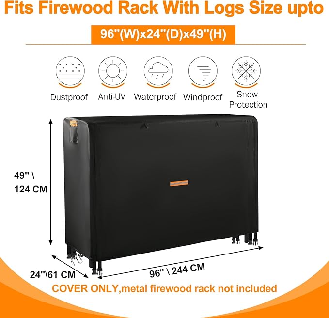 DOCEPERT 8 FT Outdoor Firewood Rack Cover (Log Rack not Included) - Waterproof Zippered Firewood Storage Cover with Openable Front Flap, 420D Oxford Fabric, Fits 96"X24"X49" Wood Racks, Black