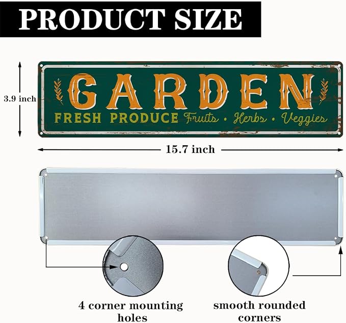 Garden Metal Tin Sign, Fresh Produce Fruits Herbs Veggies, Vintage Farmhouse Outdoor Wall Decor, for Garden Porch Patio Fence Yard, for Gardening Lovers, 15.7 x 3.9 Inches