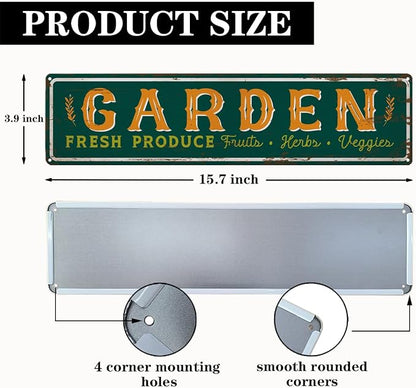 Garden Metal Tin Sign, Fresh Produce Fruits Herbs Veggies, Vintage Farmhouse Outdoor Wall Decor, for Garden Porch Patio Fence Yard, for Gardening Lovers, 15.7 x 3.9 Inches