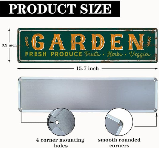 Garden Metal Tin Sign, Fresh Produce Fruits Herbs Veggies, Vintage Farmhouse Outdoor Wall Decor, for Garden Porch Patio Fence Yard, for Gardening Lovers, 15.7 x 3.9 Inches