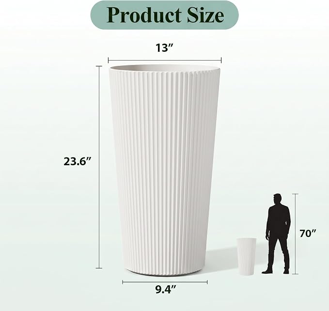 24" Tall Planters for Outdoor Plants with Insert, Set of 2 White | Large Outdoor Planters for Front Porch Decor with Drainage Hole, Plastic Striped Flower Pots Fits Indoor Plants Patio Garden