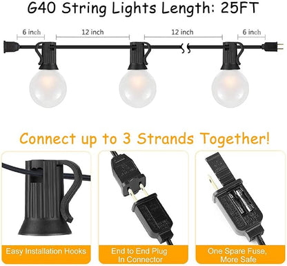 SUNSGNE 25Ft Outdoor Patio String Lights G40 with 27 Frosted White Globe Bulbs, Waterproof Connectable Hanging String Lights for Backyard Porch Balcony Party Christmas Decor, 5 Watt, Black Wire