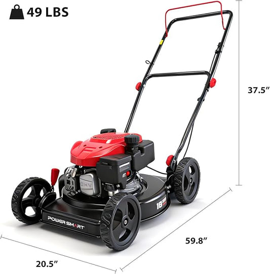 PowerSmart 18-inch 144cc Gas Lawn Mower, Push Mower with Side-Discharge | 144cc 4-stroke OHV engine, 5-Position Height Adjustment