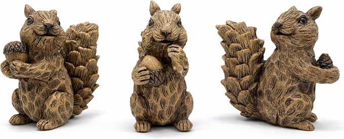 iStatue Set of 3 Resin Squirrel Figurines, Hand-Painted Woodland Animal Decor, Nature-Inspired Tabletop Statues for Home, Garden, Shelf & Gift for Women Mom Dad Girl Boy (Small)