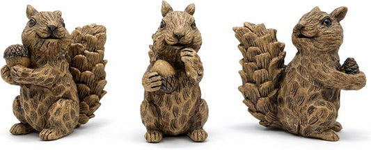 iStatue Set of 3 Resin Squirrel Figurines, Hand-Painted Woodland Animal Decor, Nature-Inspired Tabletop Statues for Home, Garden, Shelf & Gift for Women Mom Dad Girl Boy (Small)