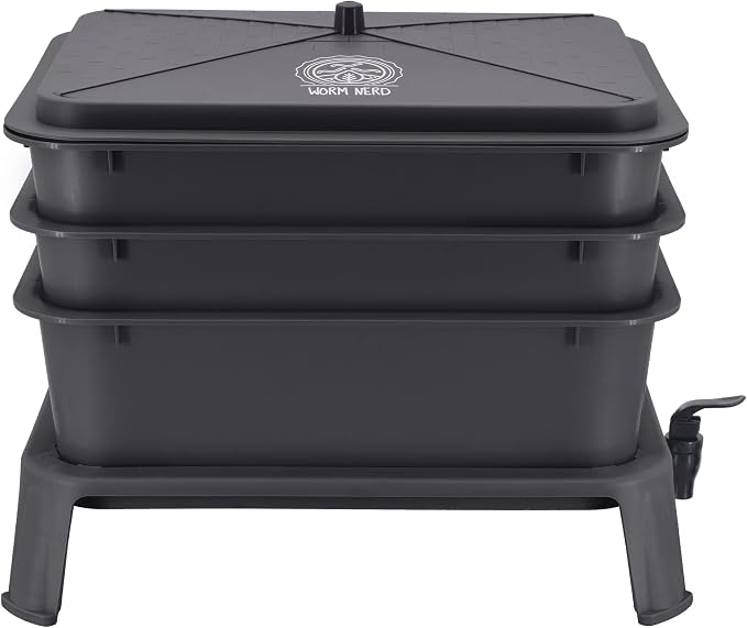 Worm Nerd WN40 4-Tray Worm Composting Bin Kit with Coco Coir Brick for Recycling Food Waste, Worm Castings, Worm Tea, Vermiculture and Vermicomposting