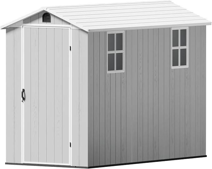 Greesum 4x8FT Plastic Storage Shed with Floor, Resin Outdoor Storaged Sheds with Lockable Door, All Weather Tool Shed with Window and Vent, Easy Assembly for Yard, Patio, Garden, Light Gray