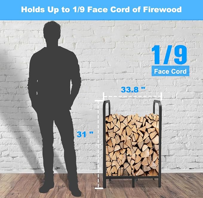 2.8ft Firewood Rack Holder, Adjustable Heavy Duty Fire Log Stacker Stand for Fireplace, Outdoor Indoor Metal Wood Pile Storage Organizer, Patio Logs Stand tool, Black