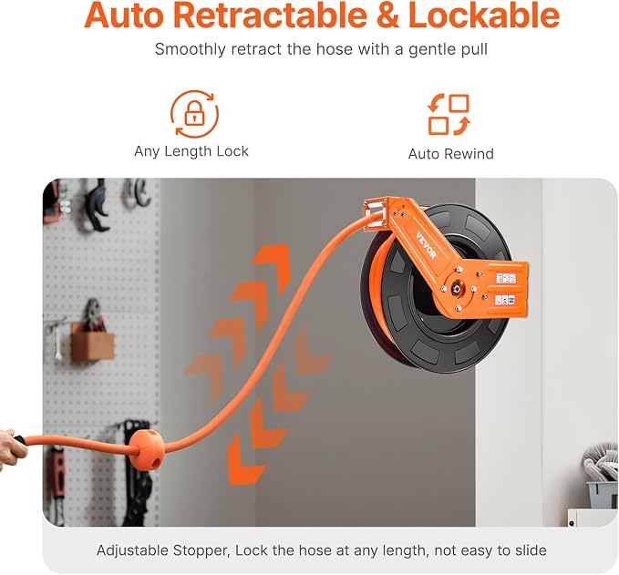 VEVOR Retractable Air Hose Reel, 1/2 IN x 50 FT Hybrid Air Hose Max 300PSI, Air Compressor Hose Reel Auto-Rewind with 5FT Lead in, Ceiling/Wall Mount Heavy Duty Single Arm Steel Reel, 1/2" NPT Fitting