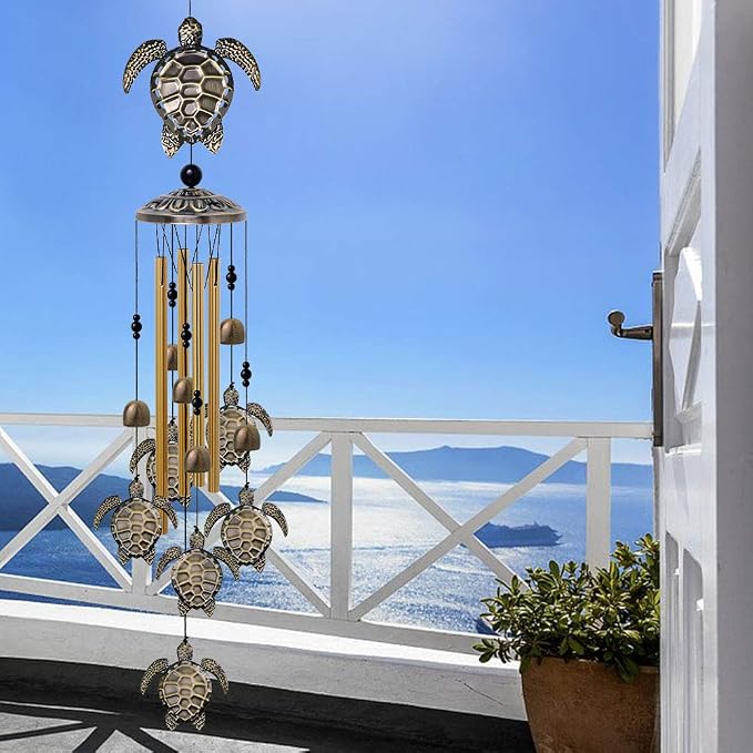 Garden Sea Turtle Wind Chimes Outdoor Decor - with 4 Tubes 6 Bells 7 Turtles Mobile Romantic Wind Catcher, Tortoise Wind Chime for Home, Xmas Mom Gifts, Festival, Balcony, Tree, Garden Decoration