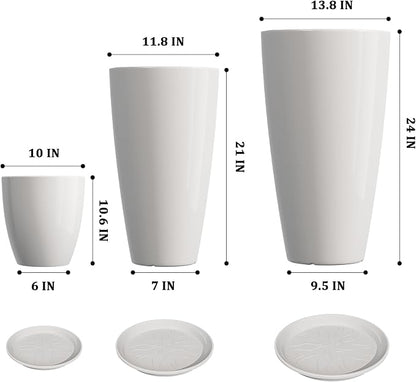 QCQHDU 24,21,11 inch Large Planters with Drainage Hole & Saucer, Set of 3 Plant Pots Tall Planter for Indoor & Outdoor Plants Home Modern Decor