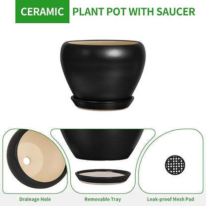 6 Inch Plant Pot - Ceramic Planter with Drainage Hole and Trays, Modern Round Flower Pot, Planters for Indoor Outdoor Plants, Home Garden Decor, Black