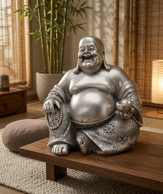 Bellaa Laughing Buddha Statue - 6 Inch Feng Shui Happy Monk Budai Hotei Figurine for Wealth, Luck & Happiness - Chinese Buddhist Zen Decor Silver Finish Resin 25761